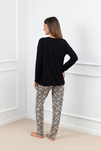 Birma Pijama Mujer manga larga, pantalón largo Moda Italiana - negro