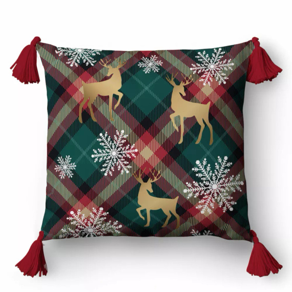 5381 Funda de cojín decorativa de Navidad Deco Detexpol renos y copos de nieve sobre fondo enrejado- cremallera