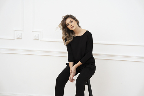 Estilo Conjunto de manga 3/4 para mujer, largo.pantalones moda italiana negro