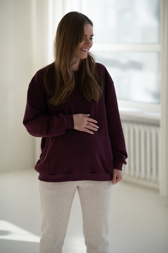 Milk It Easy! Bluza ciążowa i do karmienia Mauve Wine Milk&Love – oversize, kryte zamki, bawełniana dzianina Oeko-Tex