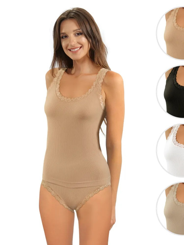 Camiseta mujer Sesto Senso 6109 encaje sin costuras elástica beige