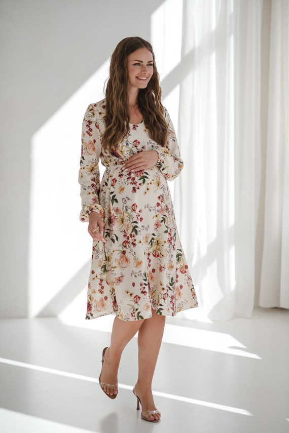 Lovely Dress Midi Milk&Love vestido de maternidad y lactancia floral crema en lino, corte elegante con cremalleras de lactancia