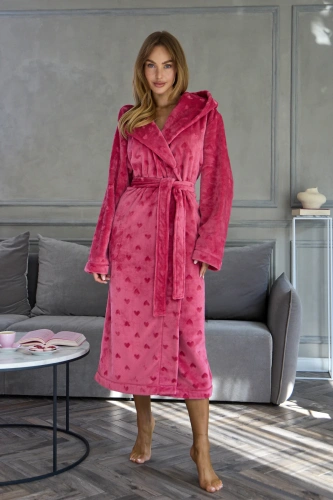 Albornoz de mujer L&L Nova 2641 largo con capucha, suave con corazones - carmín