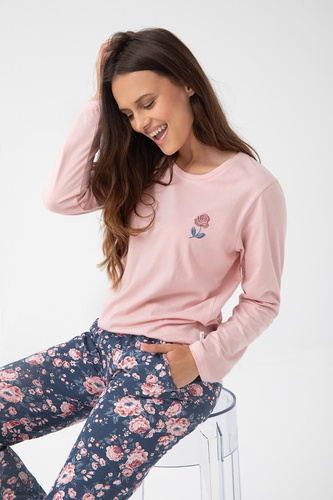 318 Pijama de mujer Luna rosa - algodón, manga larga, pantalón floral, comodidad y estilo