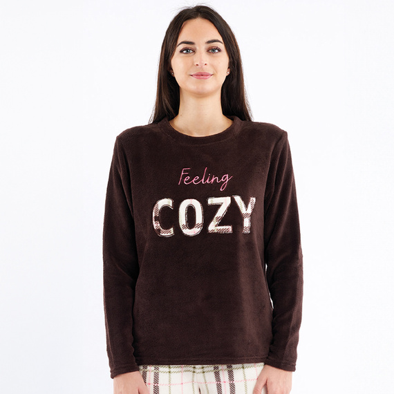Pijama Liliana Sorbetto marrón - cálido polar a cuadros con bordados