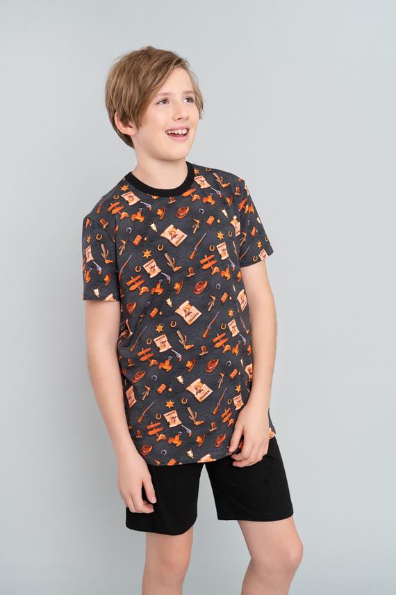 Pijama de niño Western manga corta, pantalón Italian Fashion- grafito/negro