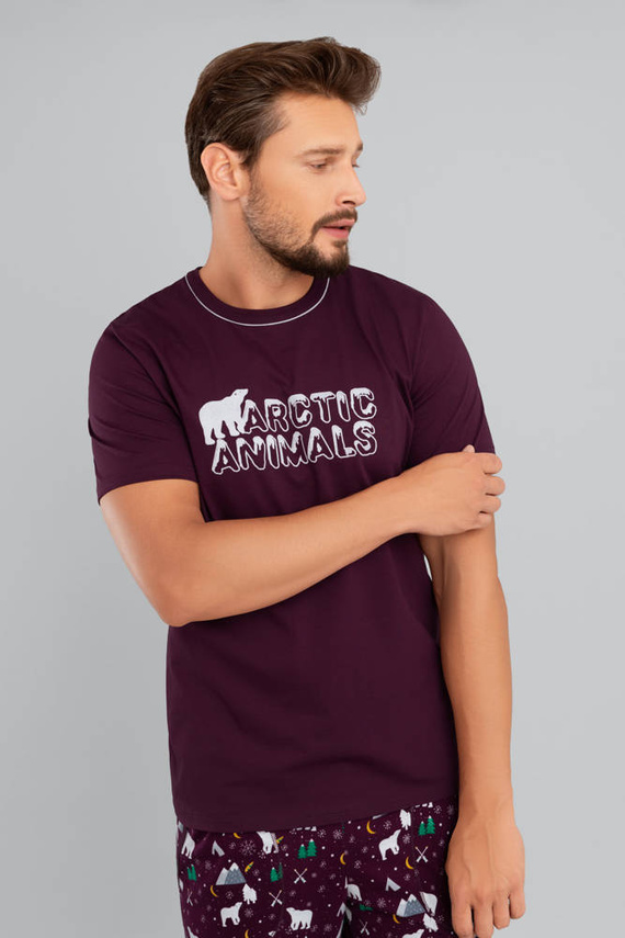 Manfred Pijama hombre manga corta, pantalón largo Moda Italiana- burdeos/estampado burdeos