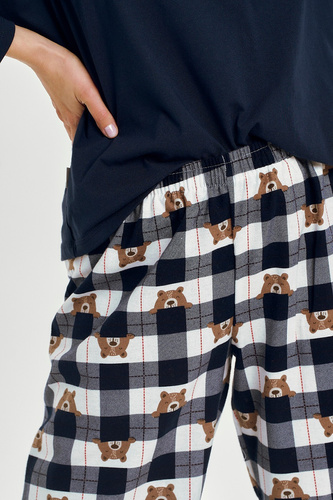 3441 Astrid pijama de mujer de algodón Taro azul marino - manga larga, pantalón de franela a cuadros