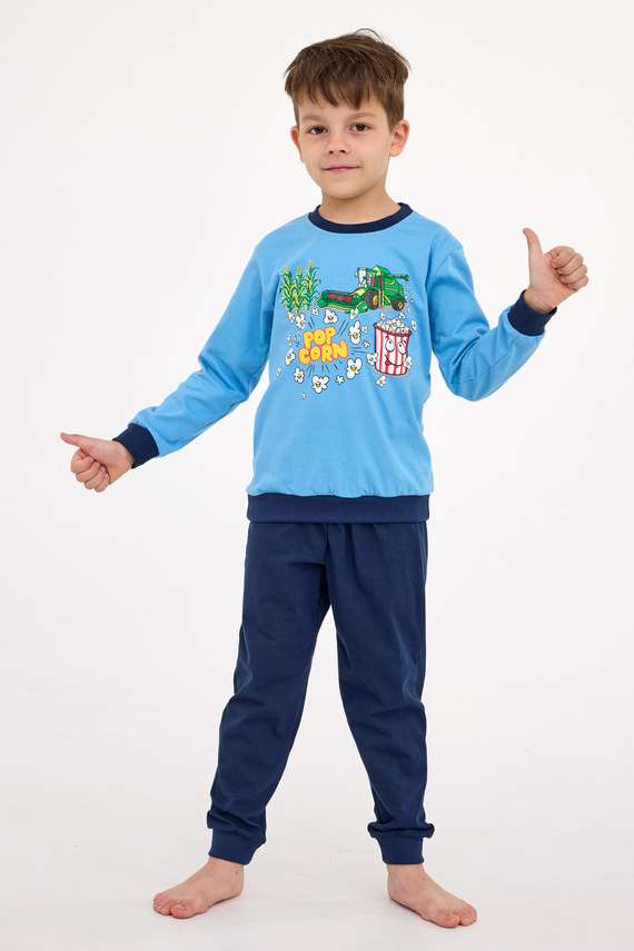 593/175 Pijama de niño Popcorn Cornette - Camisa estampada azul y pantalón de algodón