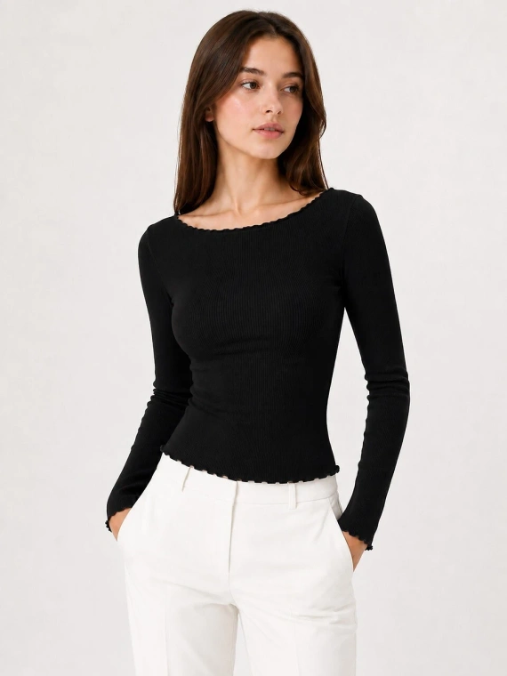 Blusa de mujer Raily Eldar Active de viscosa acanalada, manga larga, cuello barco - negra