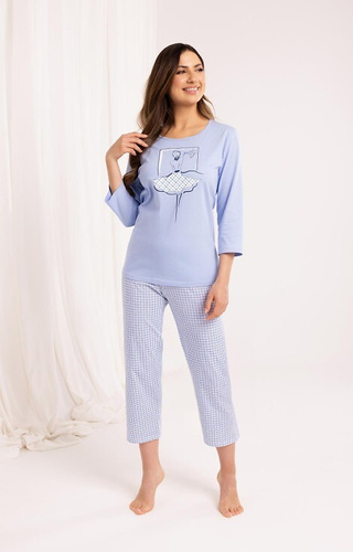 716 Pijama de señora Regina azul - algodón, manga 3/4, pantalón 7/8 estampado