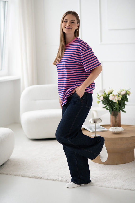 Camiseta de maternidad y lactancia Mamahood Milk&Love a rayas rosas y azules - cómoda y elegante