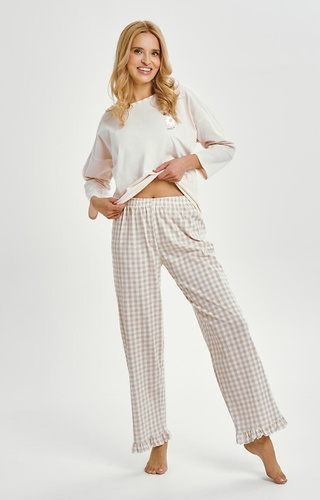 3438 Vera Taro pijama de mujer de algodón beige - manga larga, pantalón a cuadros con volantes