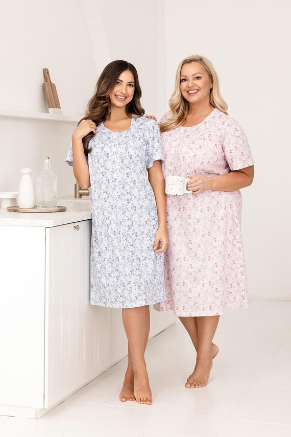 Camisón de señora 018 Regina azul- 100% Algodón de primera calidad, Botones, Cuello arrugado, Dormir confortable cada noche