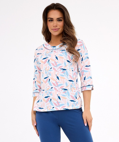 Amelia 732/452 Cornette pijama mujer plumilla azul - algodón, manga 3/4, comodidad y estilo