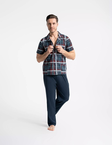 Pijama hombre Moraj PDM6200-003 azul marino, abotonado, algodón con bolsillos