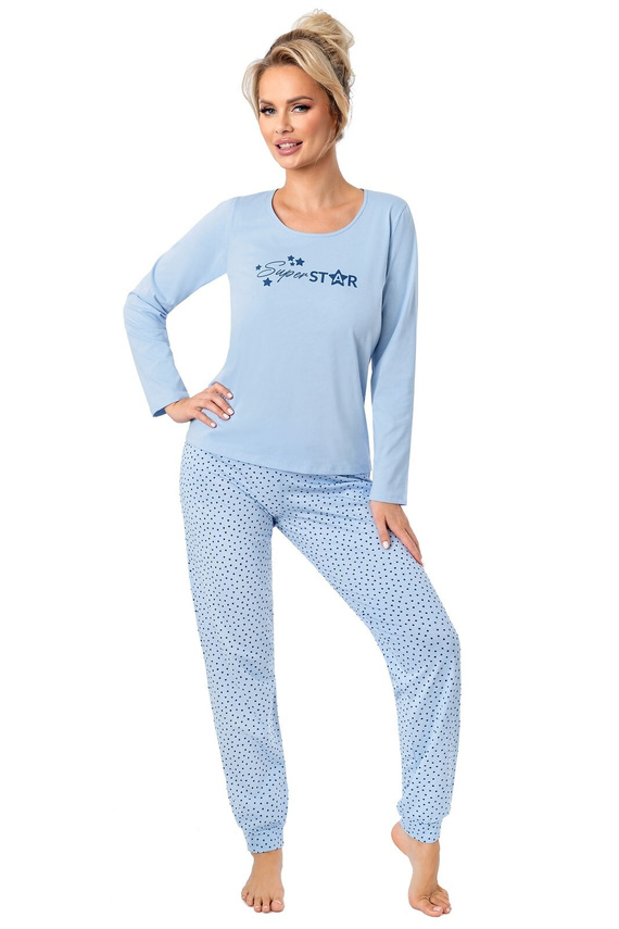 Pijama de señora Donna Star Long azul - algodón, manga larga, embalado en una bolsa de plástico