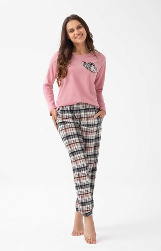 322 Luna rosa - pijama de mujer de algodón, corazones, manga larga, pantalón a cuadros