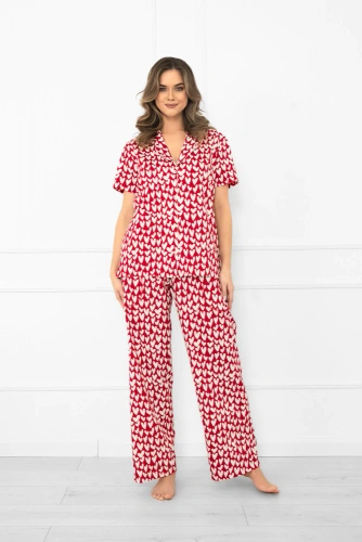 Ksenia Italian Fashion - pijama de mujer de algodón con corazones, camisa abotonada, pantalón largo con bolsillos