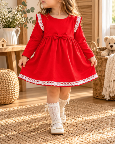 Vestido infantil Mamatti SK514 de algodón con encaje y lazo rojo