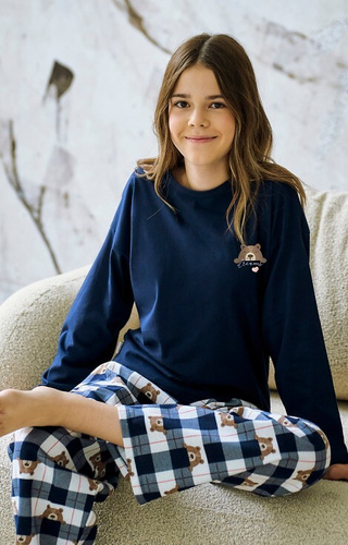 3503 Astrid Taro pijama niña azul marino - algodón, estampado, pantalón cuadros