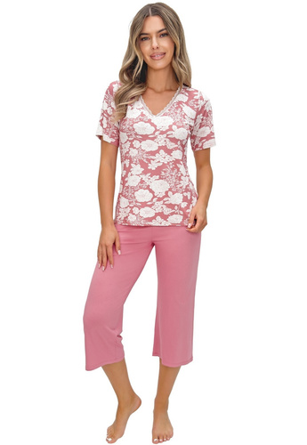 Pijama de mujer Tina 3/4 donna rosa empolvado - elegante pijama de algodón con estampado floral, escote en V y encaje, pantalón 3/4