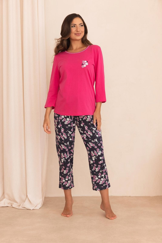 Pijama de mujer Regina 4019 7/8 algodón viscosa manga 7/8 estampado floral azul marino