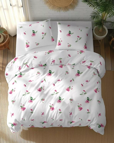 5769 A Detexpol Algodón Bloom Ropa de cama blanco con flores de color rosa con hojas verdes - 100% algodón, doble cara, pulido hecho