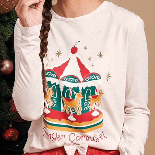 Gretel Pijama de mujer Sorbetto beige - festivo, largo. manga, estampado de jengibre