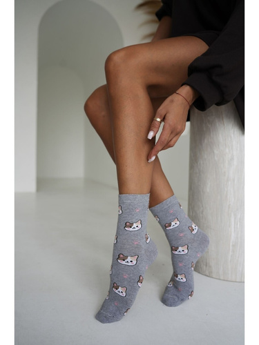 Milena 0200-266 calcetines suaves de algodón para mujer con diseño de gatos y huellas gris