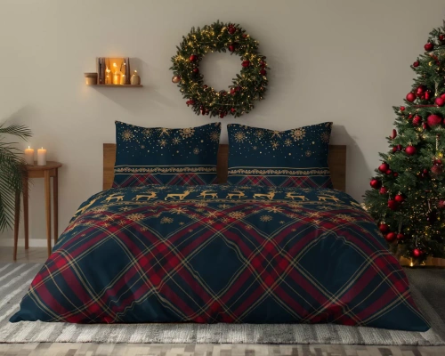 Ropa de cama Detexpol 6058 A Renos de invierno azul marino y rojo 100% algodón