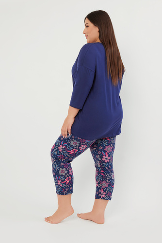 Folk Pijama de señora manga 3/4, pantalón 7/8 Moda Italiana - azul marino/estampado