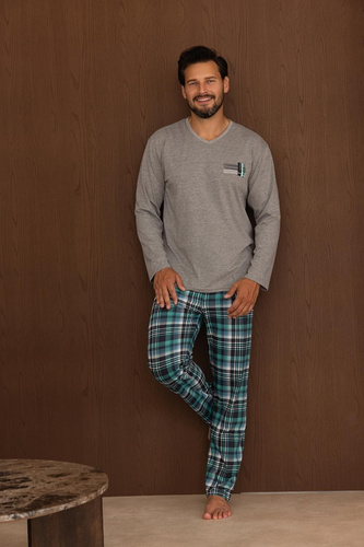 Regina 6011 Pijama para Hombre 100% Algodón Manga Larga Pantalones a Cuadros Gris