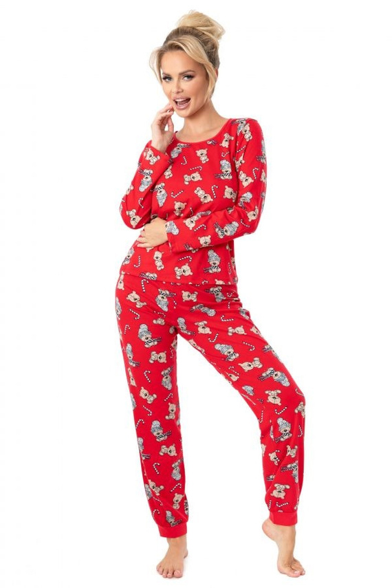 Pijama de mujer Donna Bear Long de algodón rojo con mangas largas