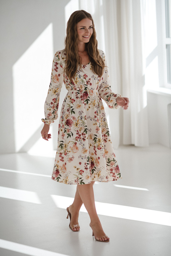 Lovely Dress Midi Milk&Love vestido de maternidad y lactancia floral crema en lino, corte elegante con cremalleras de lactancia