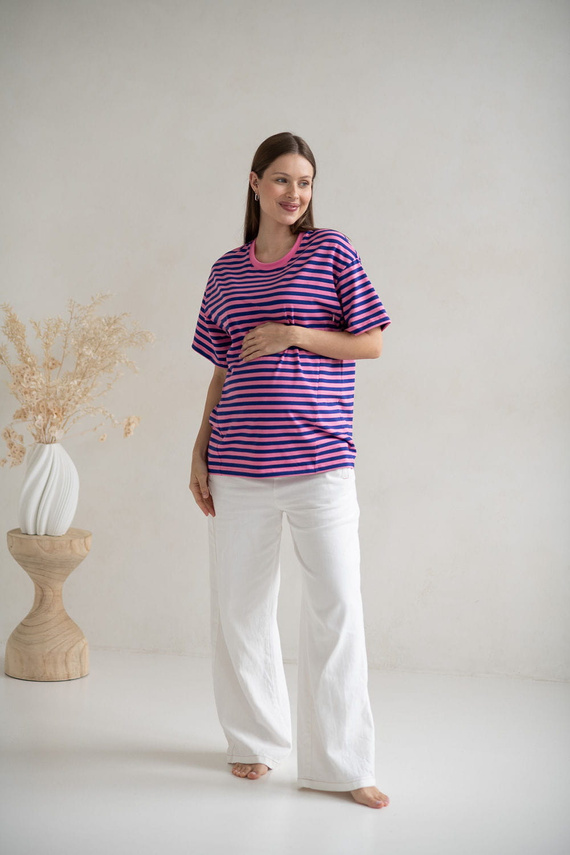 Camiseta de maternidad y lactancia Mamahood Milk&Love a rayas rosas y azules - cómoda y elegante