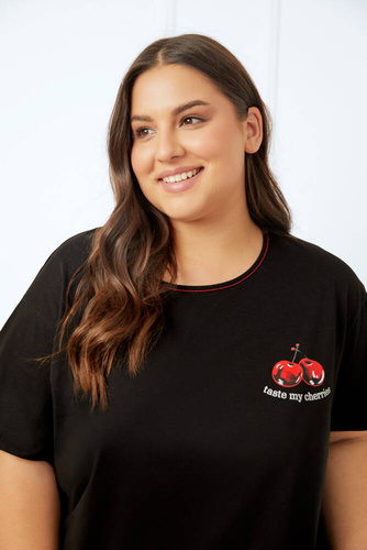 Pijama de manga corta Cherry Ladies, pantalón corto Italian Fashion - negro/estampado