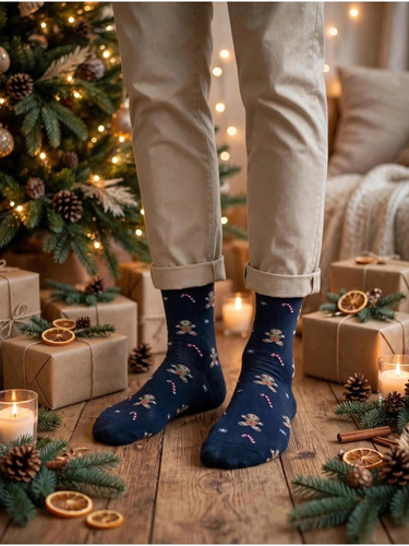 Calcetines de hombre Milena 1290-042 Galletas y Bastones de Azúcar de algodón navideños azul marino