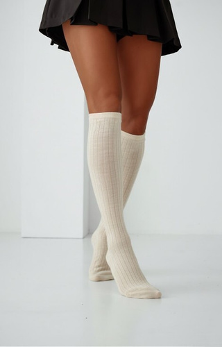 Calcetines hasta la rodilla 1627-001 Milena ecru- lana, acanalado, dobladillo no prensado