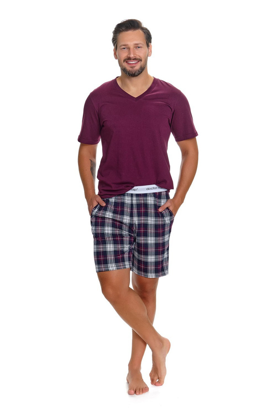Pijama para hombre Doctor Nap 7476 de algodón burdeos con estampado de cuadros y cuello en V