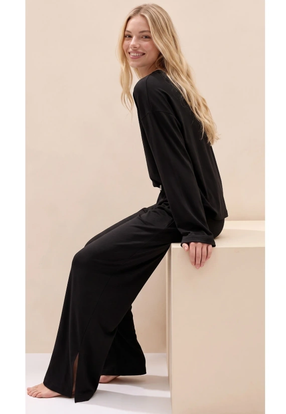Pijama de mujer Luna 1312 100% algodón oversize pantalones anchos homewear - negro