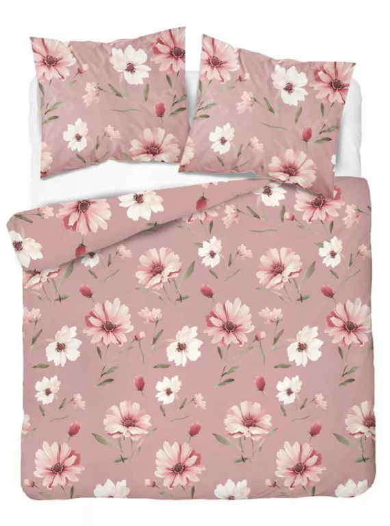 5502 A Ropa de cama de algodón rosa con flores y capullos crema Naturalis- Detexpol