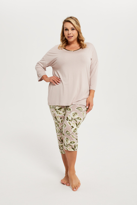 Indonesia Pijama mujer manga 3/4, pantalón 3/4 Moda Italiana - beige/estampado