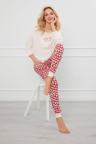 Evora Pijama señora manga larga, pantalón largo Moda Italiana - crudo/estampado