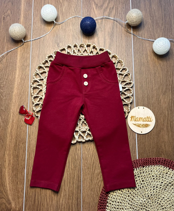 Mamatti SM020 pantalones infantiles de algodón bordó con bolsillos y botones de madera