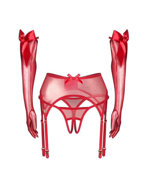 Obsessive Gifty Red 3-PCS Conjunto rojo con liguero, tanga y guantes