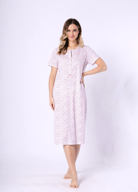 Camisa Oriana mujer 1723/1760 Leveza algodón coral, manga corta, botones, midi