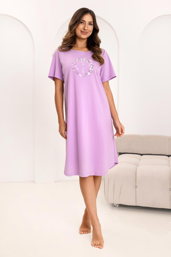 Camisón Regina 176, algodón, manga corta, medio cuello redondo, estampado - morado