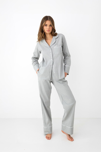 Sensis Imani pijama de mujer de algodón gris con botones y finas rayas