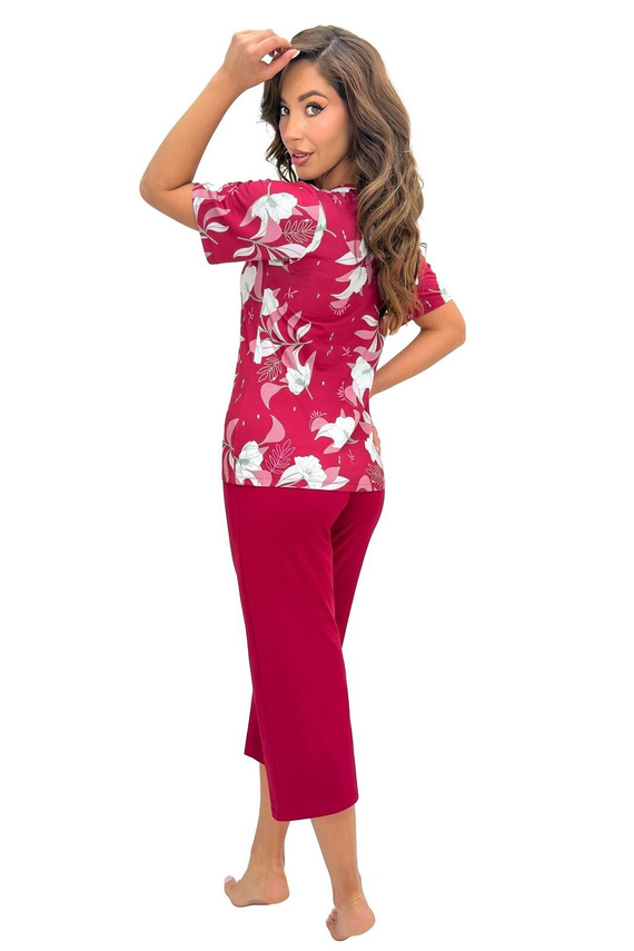 Piżama para mujer Donna Brigitte burdeos de viscosa, camiseta de manga corta y pantalones 3/4